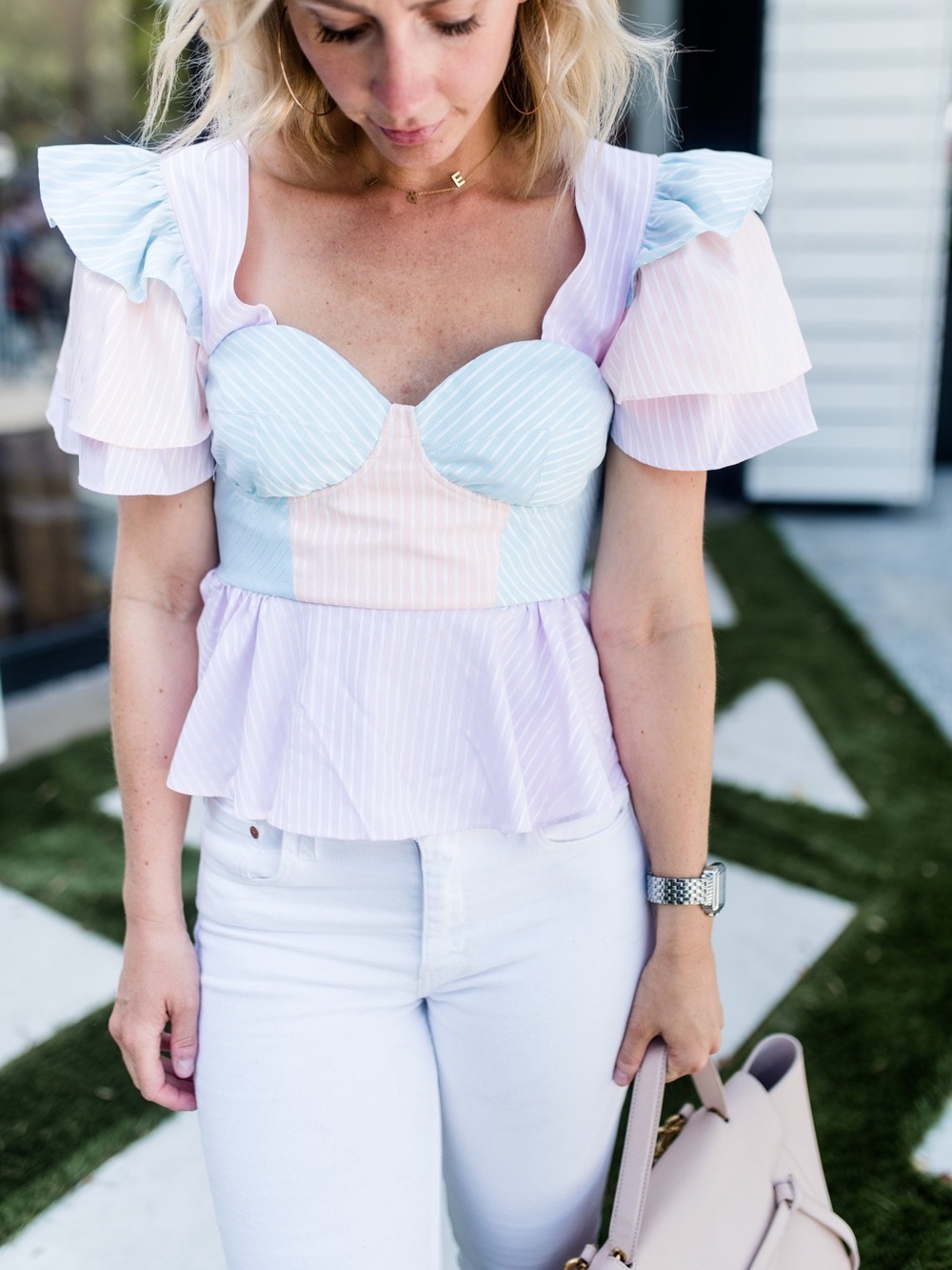 Petersyn Janis Top in Tutti Frutti Pastel Striped Peplum Bustier Top